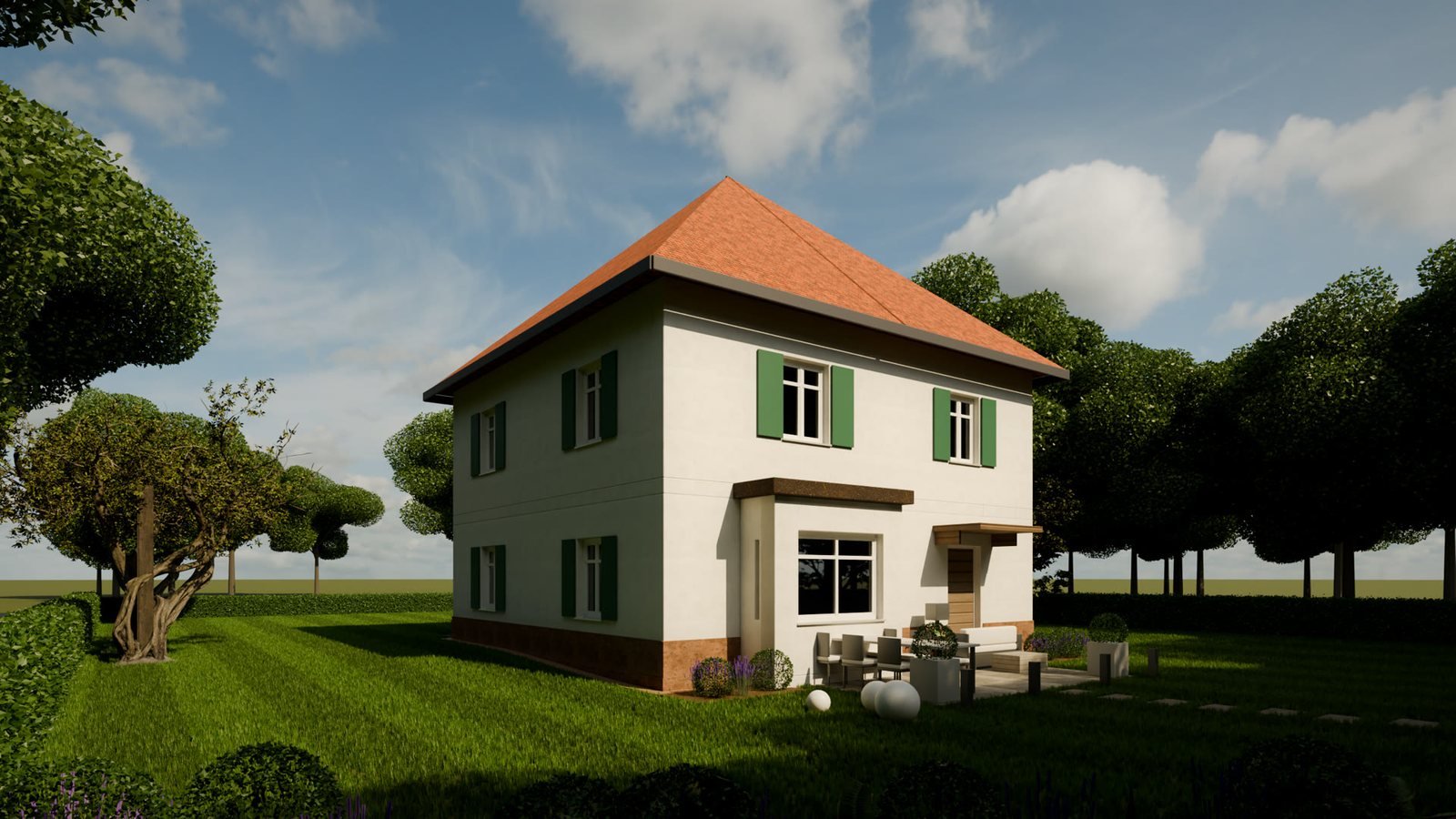 Stadthaus mit Walmdach und grünen Fensterläden, Garten mit Terrasse
