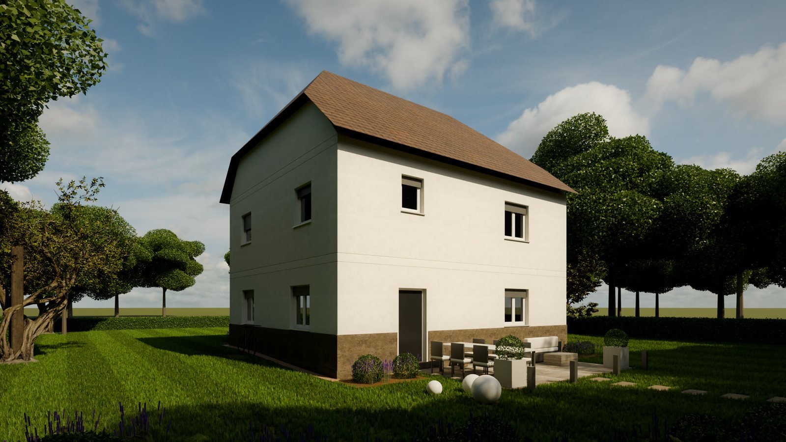 Altbau mit Krüppelwalmdach von 1955, Gartenseite mit Terrasse